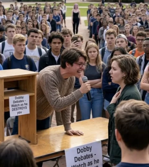 Synthetic-looking campus debate scene with a bespectacled man holding a microphone beside a sign beginning Dobby Debates