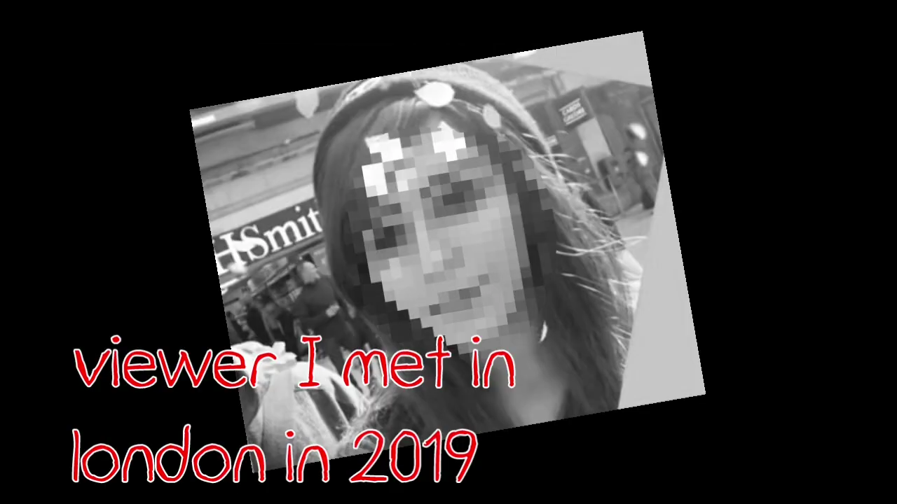 A grayscale, rotated and face-pixelated crop of a woman in front of a WHSmith storefront, captioned viewer I met in london in 2019
