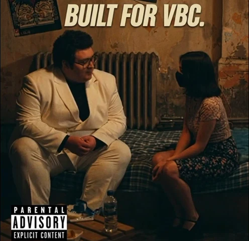 Synthetic-looking scene of a bespectacled man in a white suit seated opposite a woman, with the words Built for VBC above